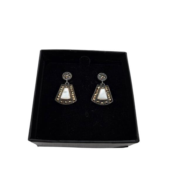 Marcasite & Mother of Pearl Dangle Earrings Thailand 925 A Sterling Silver NEW - Picture 8 of 12
